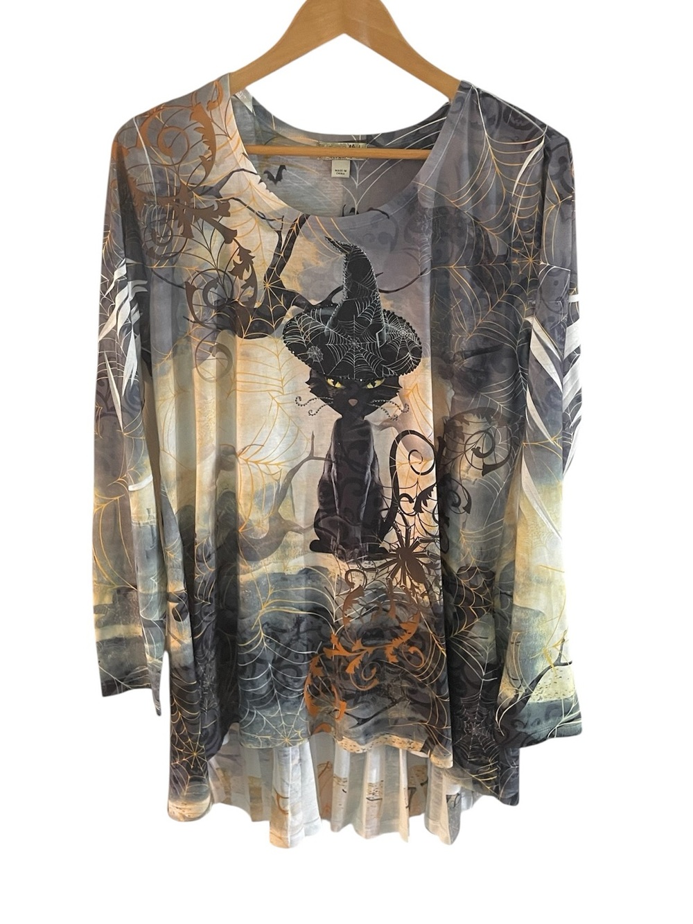 TT1- Women's Long Sleeve Halloween Cat Print Tunic Top - Gray & Cream